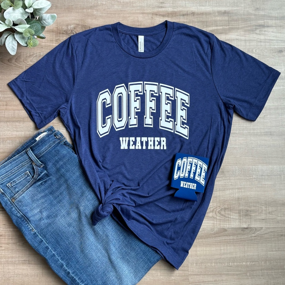 Coffee Weather Navy Tri-blend Tee w/ Can Cooler Design